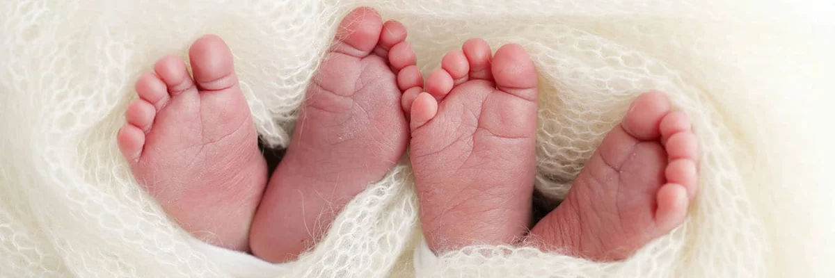 Legs, toes, feet and heels of newborn twins. Wrapped in a knitted white blanket. Studio macro photography of the legs of newborn twins, close-up white backgraund. Two newborns.