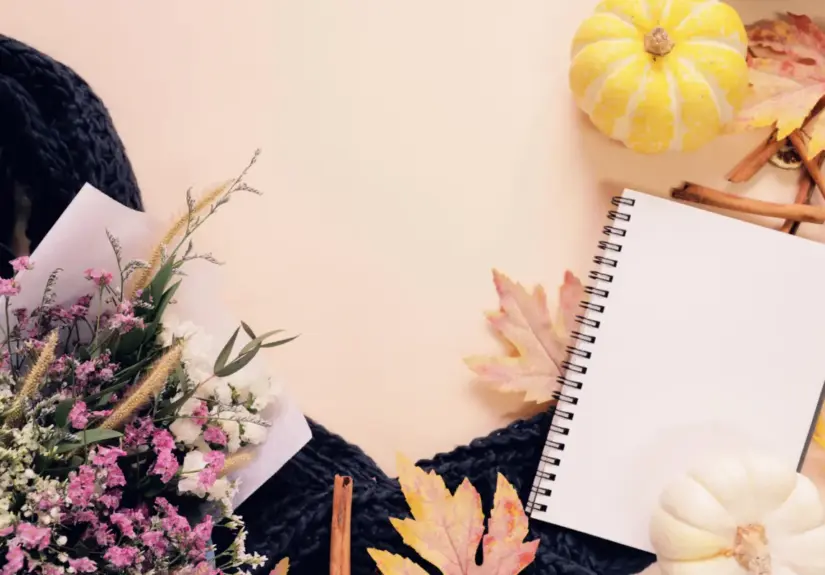 Flat lay style of autumn and thanksgiving with pumpkin, notebook