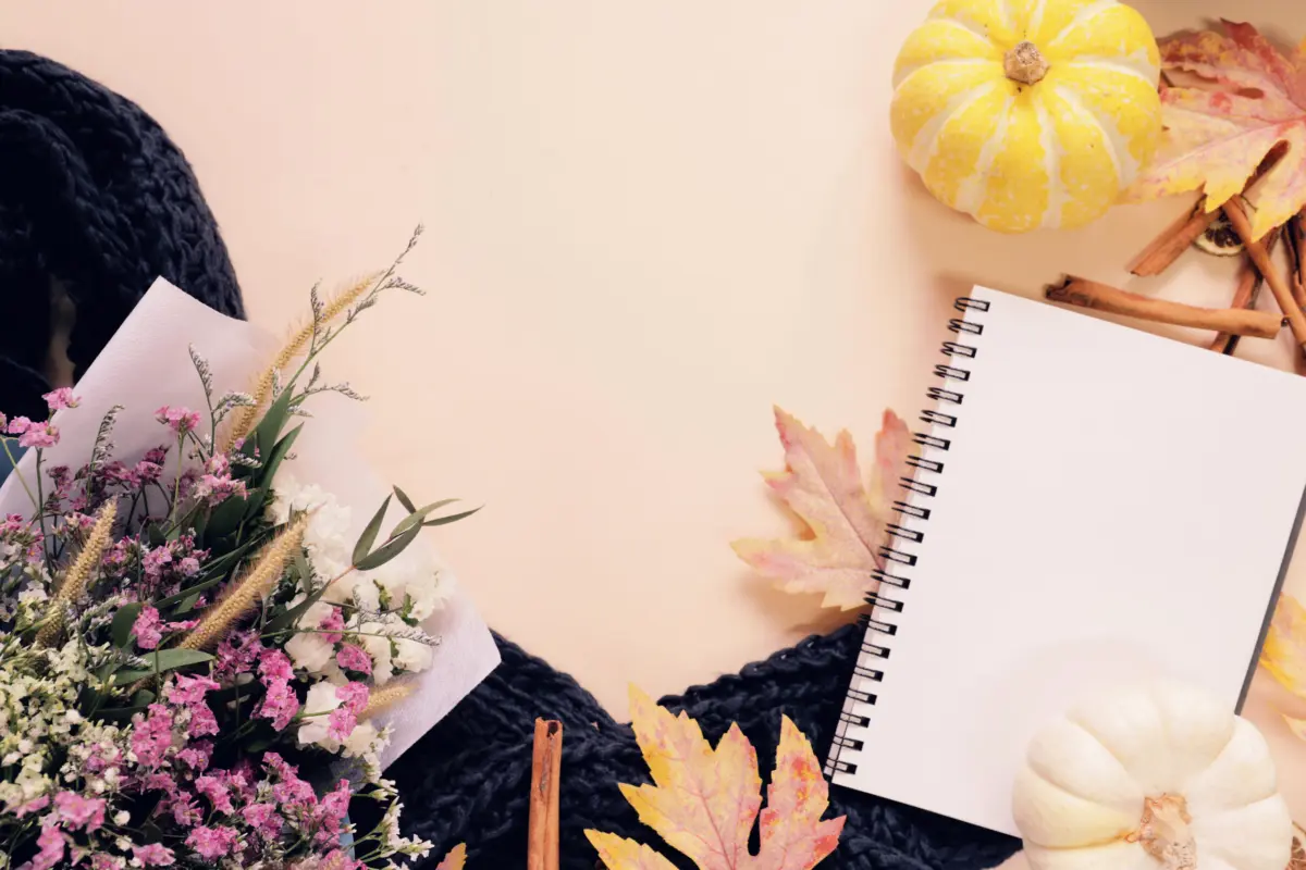 Flat lay style of autumn and thanksgiving with pumpkin, notebook